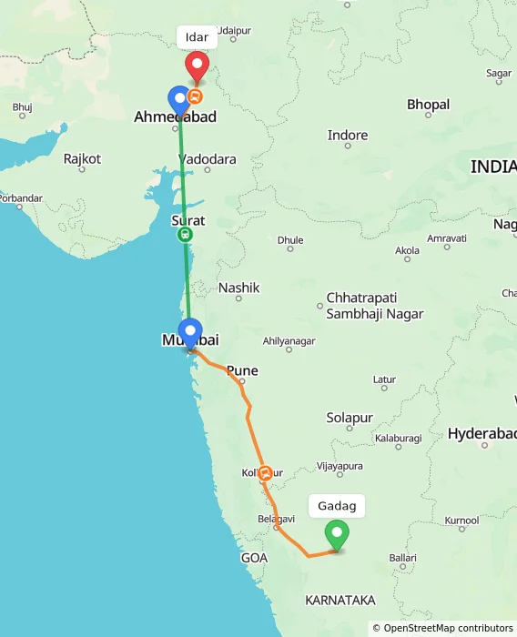 Route map showing distance and travel time from Gadag, India to Idar, India