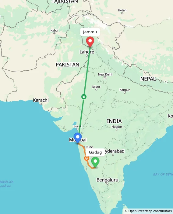 Route map showing distance and travel time from Gadag, India to Jammu, India