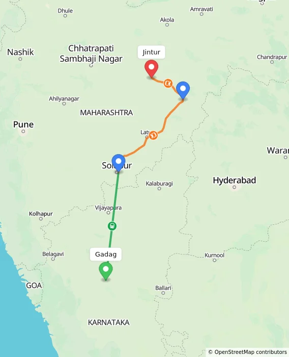 Route map showing distance and travel time from Gadag, India to Jintur, India