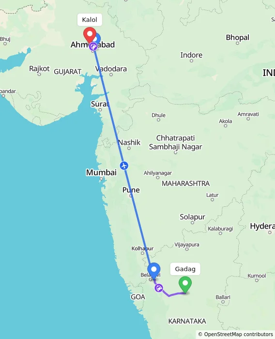 Route map showing distance and travel time from Gadag, India to Kalol, India