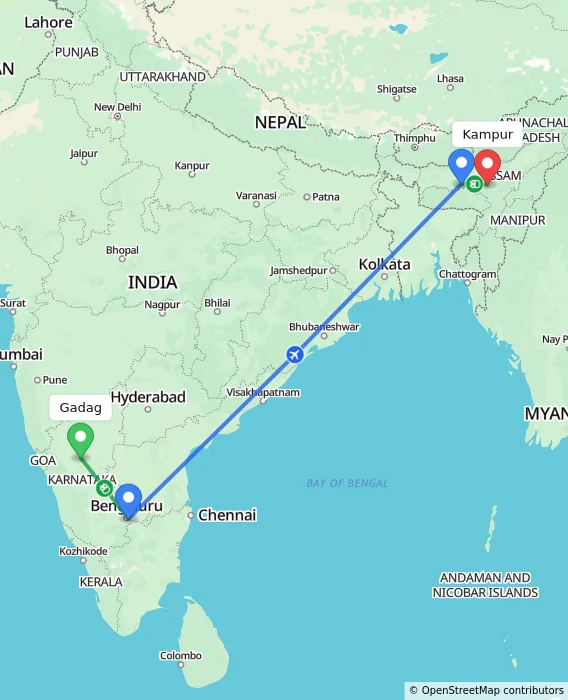 Route map showing distance and travel time from Gadag, India to Kampur, India