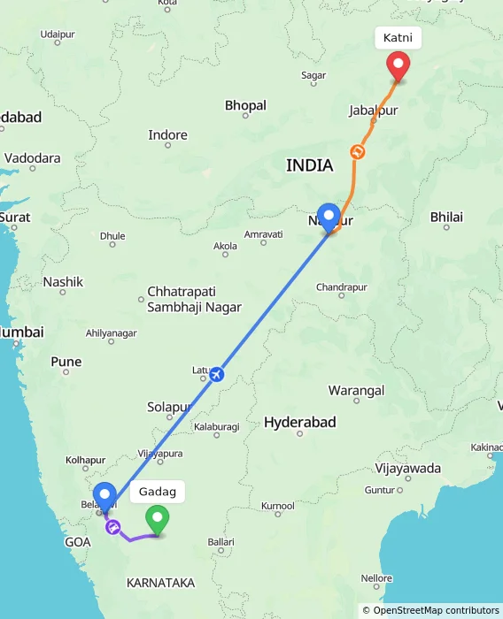 Route map showing distance and travel time from Gadag, India to Katni, India