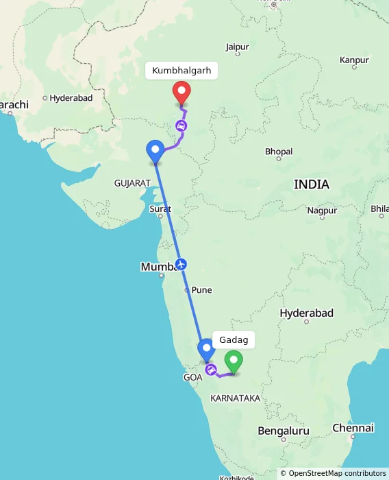 Route map showing distance and travel time from Gadag, India to Kumbhalgarh, India