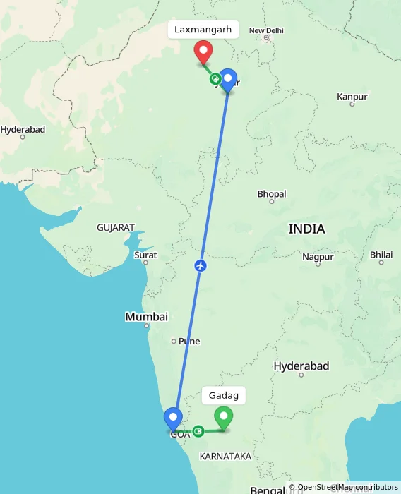 Route map showing distance and travel time from Gadag, India to Laxmangarh, India