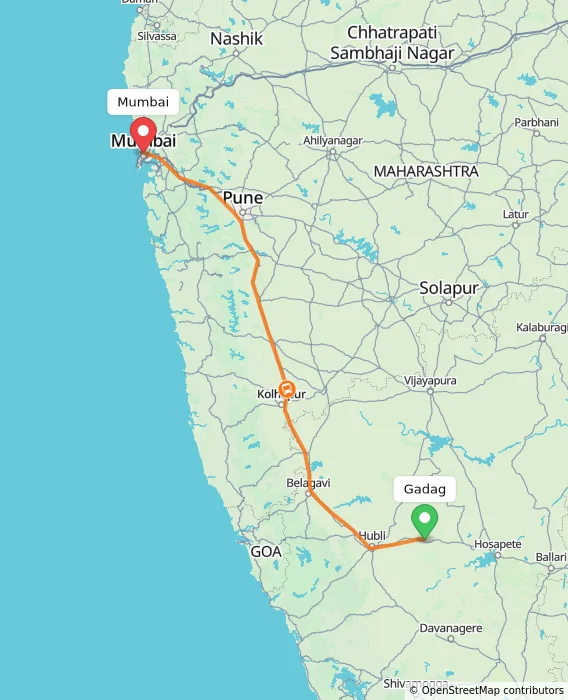 Route map showing distance and travel time from Gadag, India to Mumbai, India