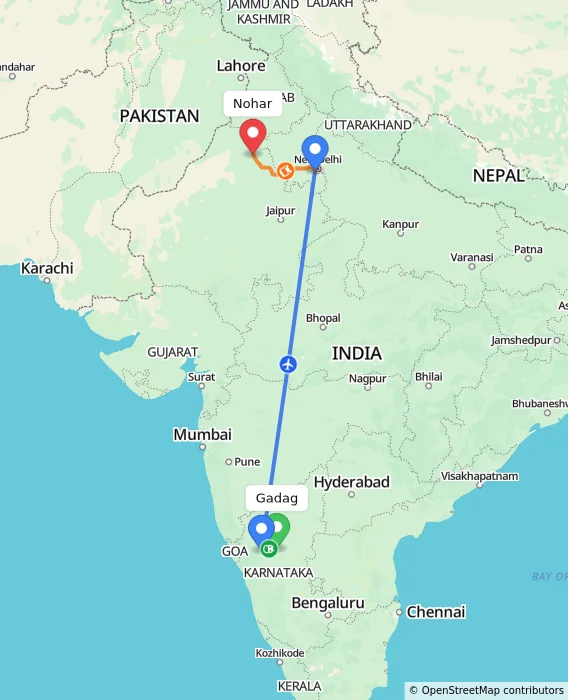 Route map showing distance and travel time from Gadag, India to Nohar, India