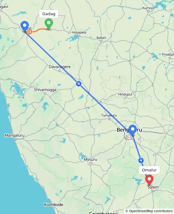 Route map showing distance and travel time from Gadag, India to Omalur, India