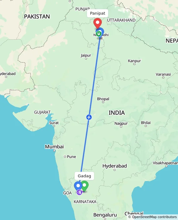 Route map showing distance and travel time from Gadag, India to Panipat, India
