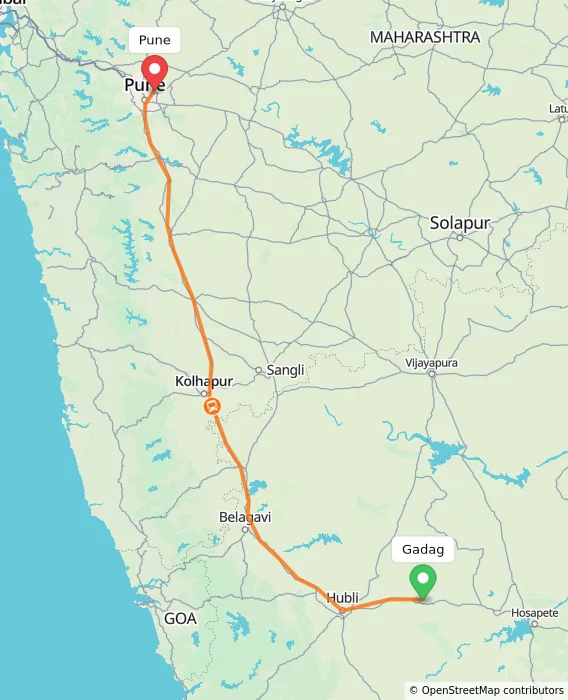 Route map showing distance and travel time from Gadag, India to Pune, India