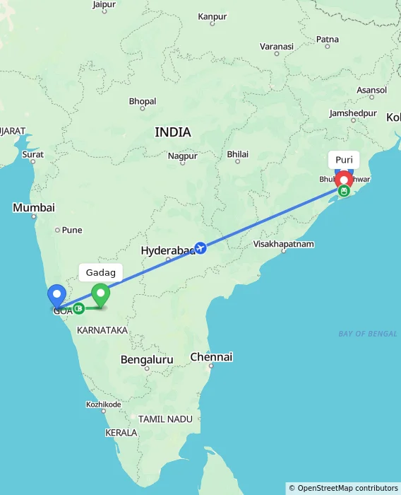 Route map showing distance and travel time from Gadag, India to Puri, India