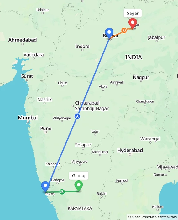 Route map showing distance and travel time from Gadag, India to Sagar, India