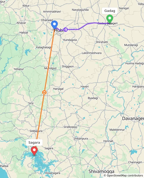 Route map showing distance and travel time from Gadag, India to Sagara, India