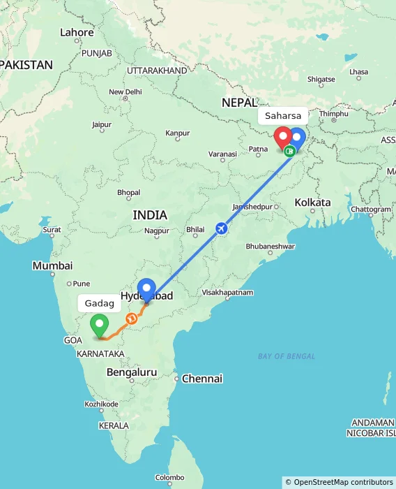 Route map showing distance and travel time from Gadag, India to Saharsa, India