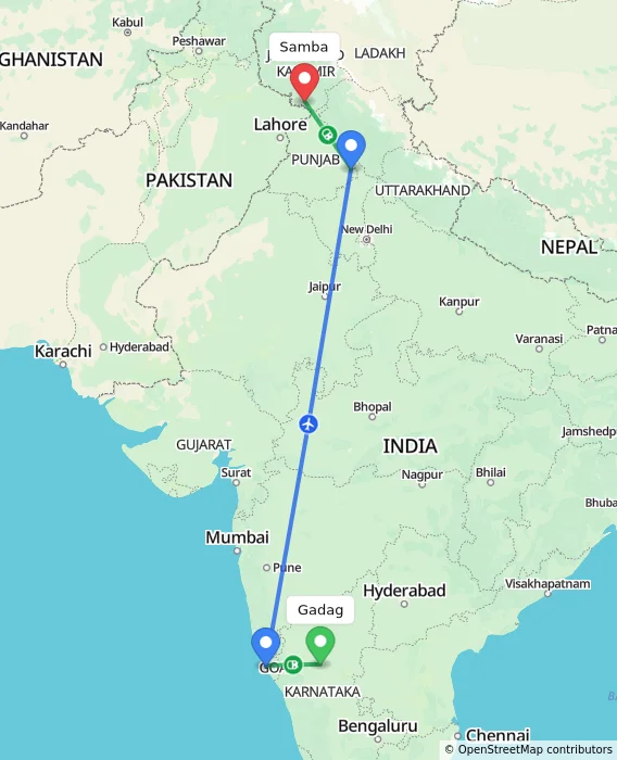 Route map showing distance and travel time from Gadag, India to Samba, India