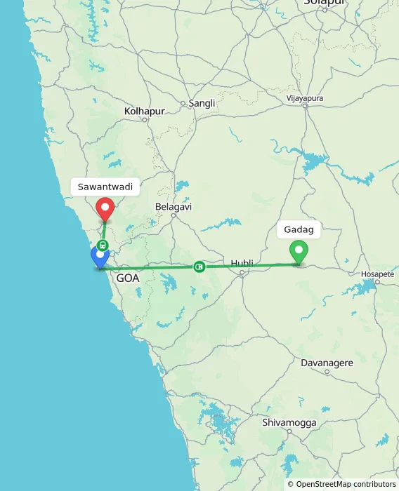 Route map showing distance and travel time from Gadag, India to Sawantwadi, India
