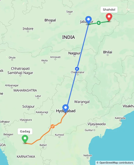 Route map showing distance and travel time from Gadag, India to Shahdol, India