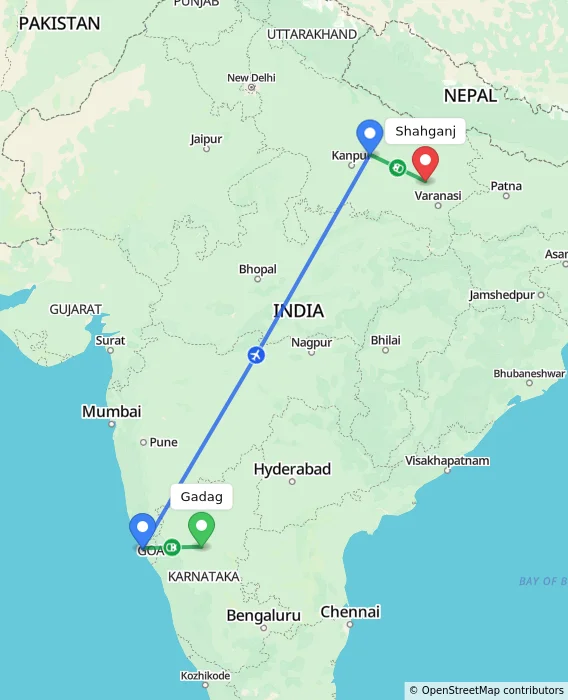 Route map showing distance and travel time from Gadag, India to Shahganj, India