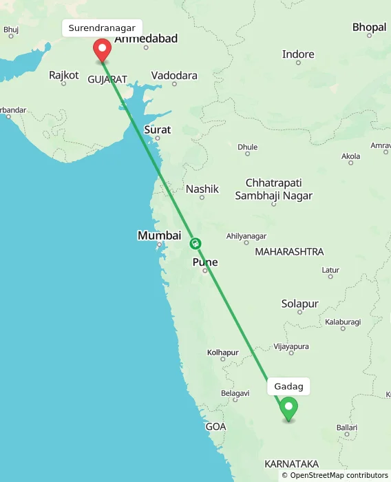 Route map showing distance and travel time from Gadag, India to Surendranagar, India