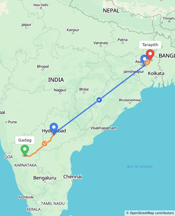 Route map showing distance and travel time from Gadag, India to Tarapith, India