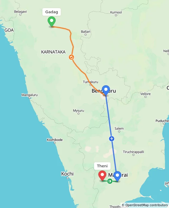 Route map showing distance and travel time from Gadag, India to Theni, India
