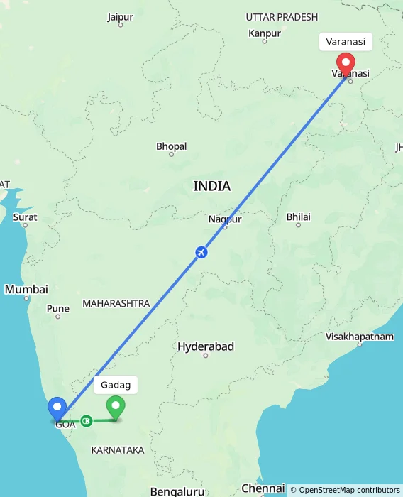 Route map showing distance and travel time from Gadag, India to Varanasi, India
