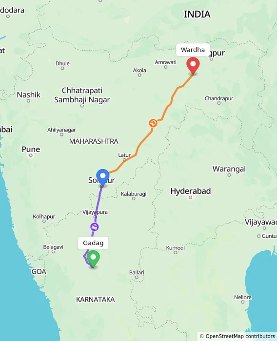 Route map showing distance and travel time from Gadag, India to Wardha, India