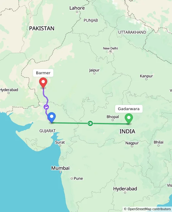 Route map showing distance and travel time from Gadarwara, India to Barmer, India