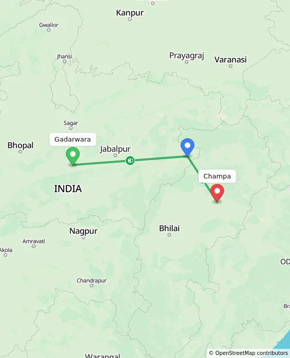 Route map showing distance and travel time from Gadarwara, India to Champa, India