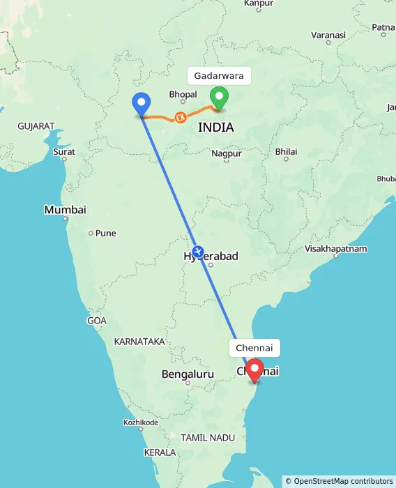 Route map showing distance and travel time from Gadarwara, India to Chennai, India