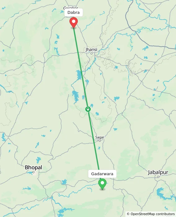 Route map showing distance and travel time from Gadarwara, India to Dabra, India