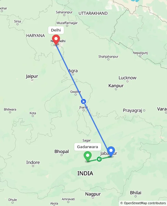 Route map showing distance and travel time from Gadarwara, India to Delhi, India
