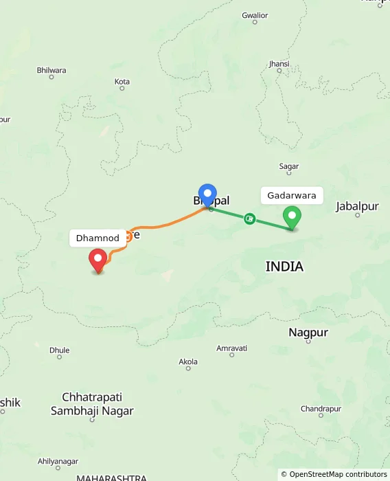 Route map showing distance and travel time from Gadarwara, India to Dhamnod, India