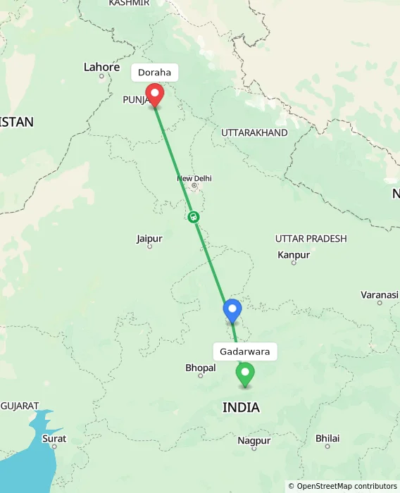 Route map showing distance and travel time from Gadarwara, India to Doraha, India
