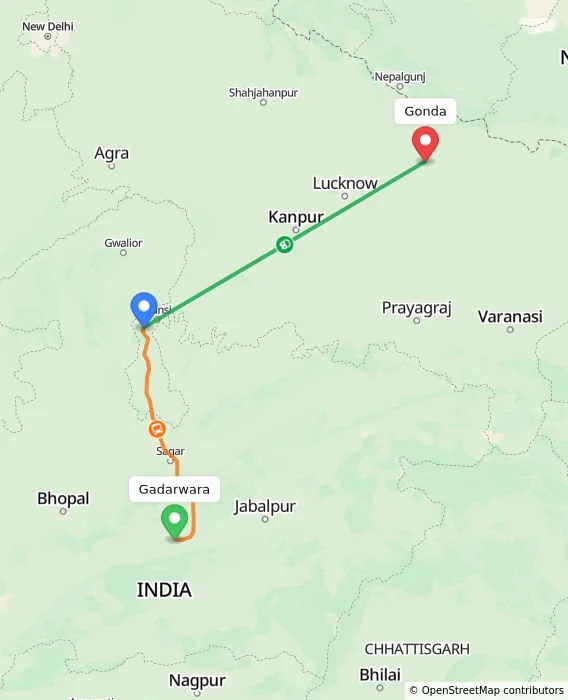 Route map showing distance and travel time from Gadarwara, India to Gonda, India