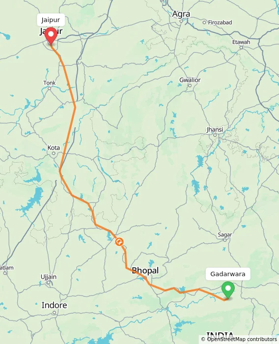 Route map showing distance and travel time from Gadarwara, India to Jaipur, India
