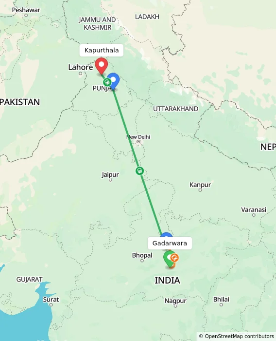 Route map showing distance and travel time from Gadarwara, India to Kapurthala, India