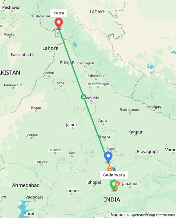 Route map showing distance and travel time from Gadarwara, India to Katra, India