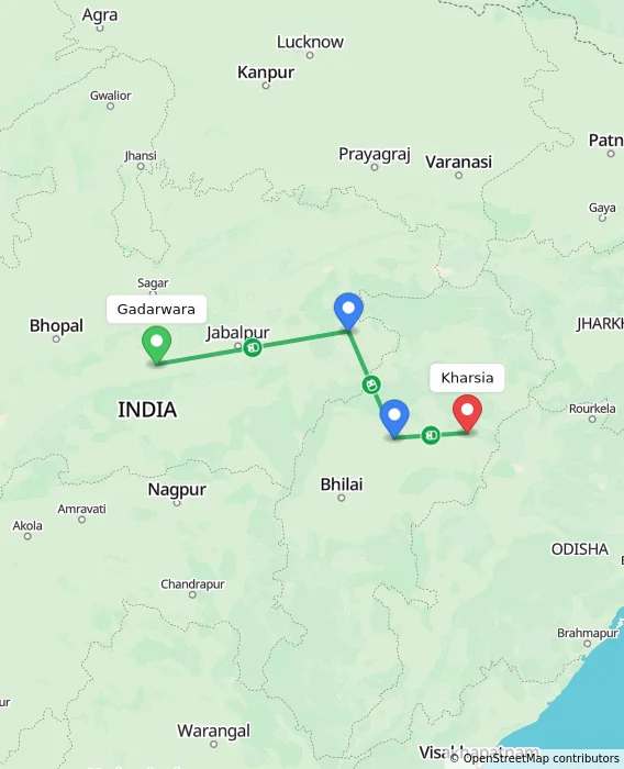 Route map showing distance and travel time from Gadarwara, India to Kharsia, India