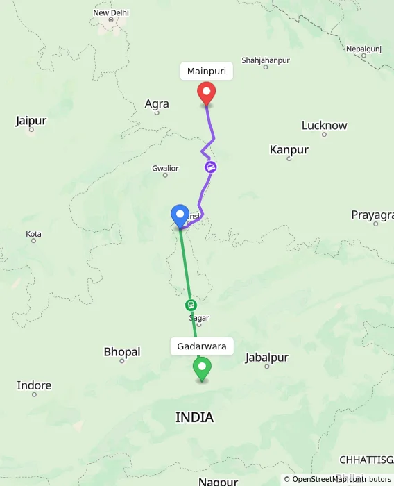 Route map showing distance and travel time from Gadarwara, India to Mainpuri, India