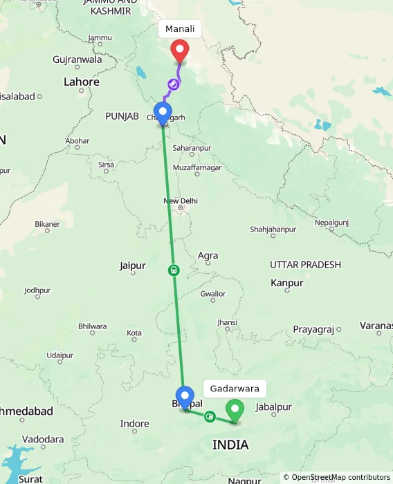 Route map showing distance and travel time from Gadarwara, India to Manali, India