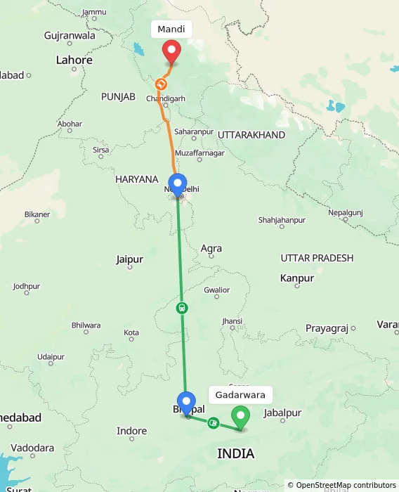 Route map showing distance and travel time from Gadarwara, India to Mandi, India