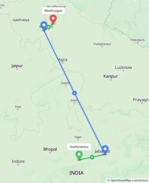 Route map showing distance and travel time from Gadarwara, India to Modinagar, India