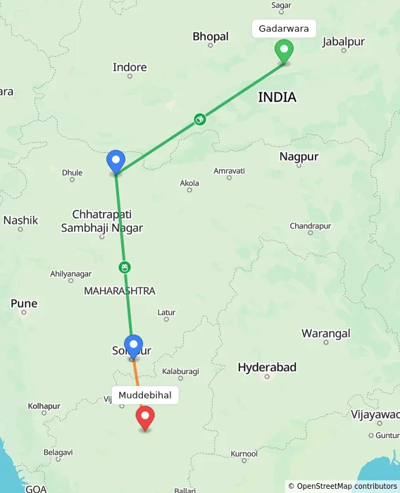 Route map showing distance and travel time from Gadarwara, India to Muddebihal, India