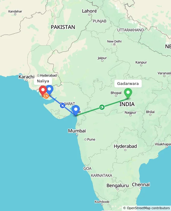 Route map showing distance and travel time from Gadarwara, India to Naliya, India