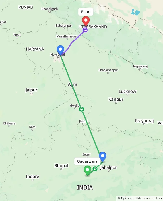 Route map showing distance and travel time from Gadarwara, India to Pauri, India
