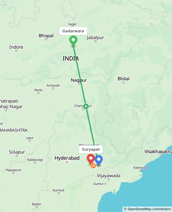 Route map showing distance and travel time from Gadarwara, India to Suryapet, India