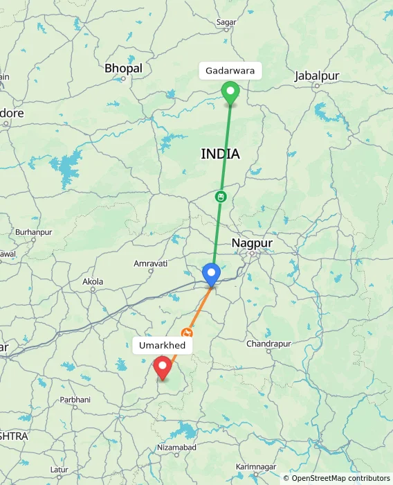 Route map showing distance and travel time from Gadarwara, India to Umarkhed, India