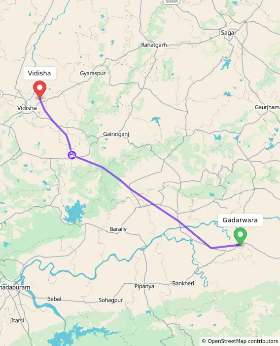 Route map showing distance and travel time from Gadarwara, India to Vidisha, India