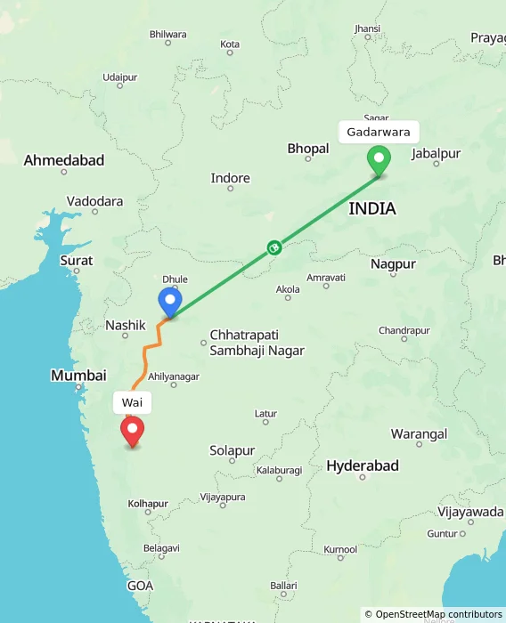 Route map showing distance and travel time from Gadarwara, India to Wai, India