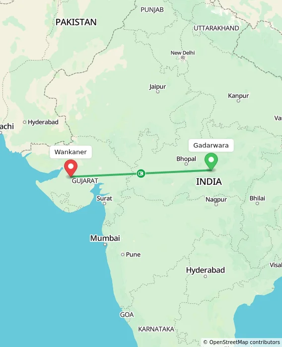 Route map showing distance and travel time from Gadarwara, India to Wankaner, India